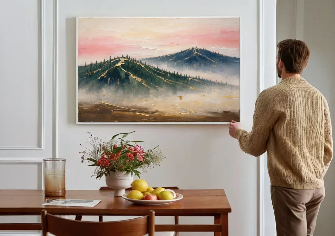 Large Living Room Wall Art of Misty Ridges canvas wall art above a dining table