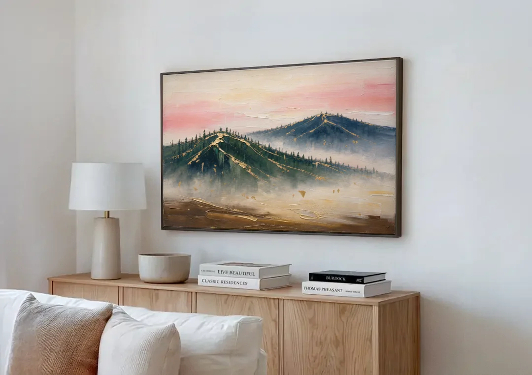 Large Living Room Wall Art of Misty Ridges canvas wall art above a wooden sideboard next to a sofa