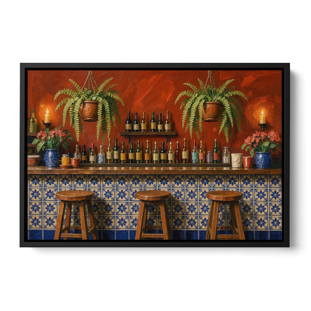 Large Mexican Wall Art Cantina Bar With Talavera Tiles - Black Framed Canvas Wall Art - Front