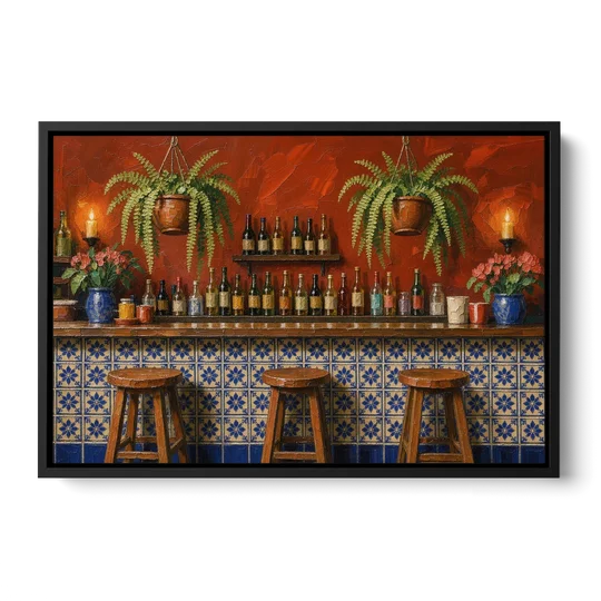 Large Mexican Wall Art Cantina Bar With Talavera Tiles - Black Framed Canvas Wall Art - Front