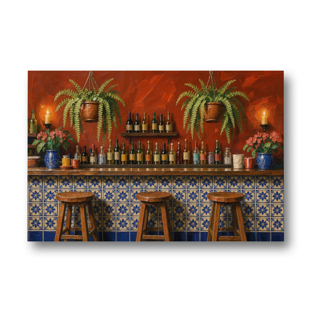 Large Mexican Wall Art Cantina Bar With Talavera Tiles - Canvas Wall Art - Front