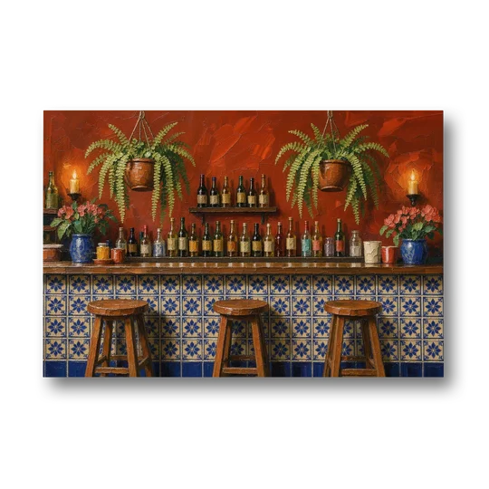 Large Mexican Wall Art Cantina Bar With Talavera Tiles - Canvas Wall Art - Front