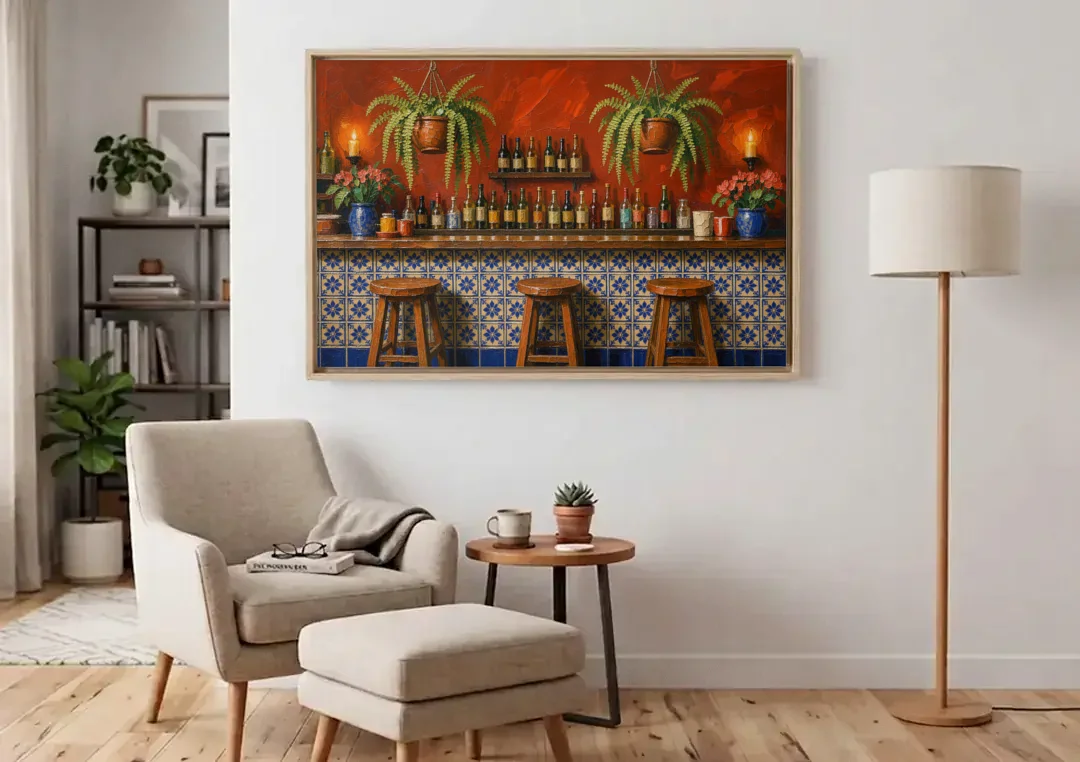 Large Mexican Wall Art Cantina Bar With Talavera Tiles canvas wall art above an armchair in a bright living room