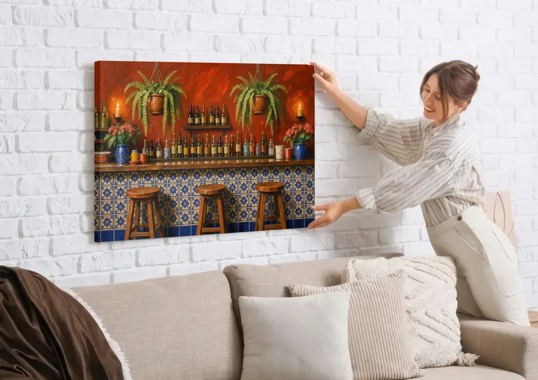Large Mexican Wall Art Cantina Bar With Talavera Tiles canvas wall art being hung on a white brick wall above a sofa