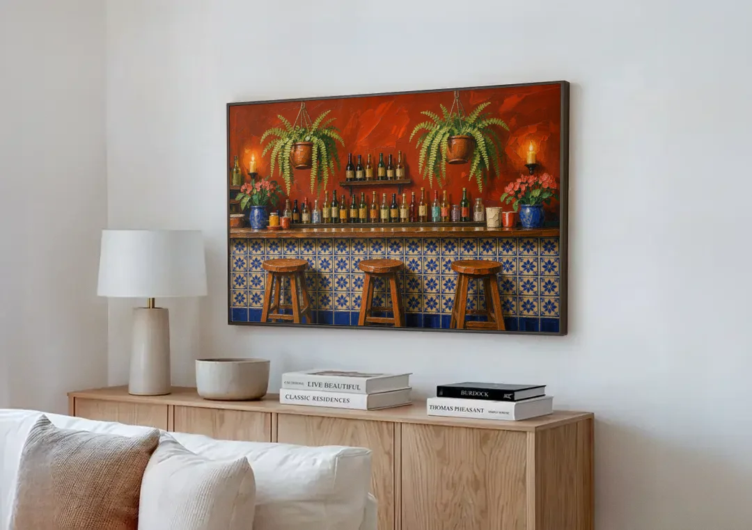 Large Mexican Wall Art Cantina Bar With Talavera Tiles canvas wall art above a wooden sideboard next to a sofa