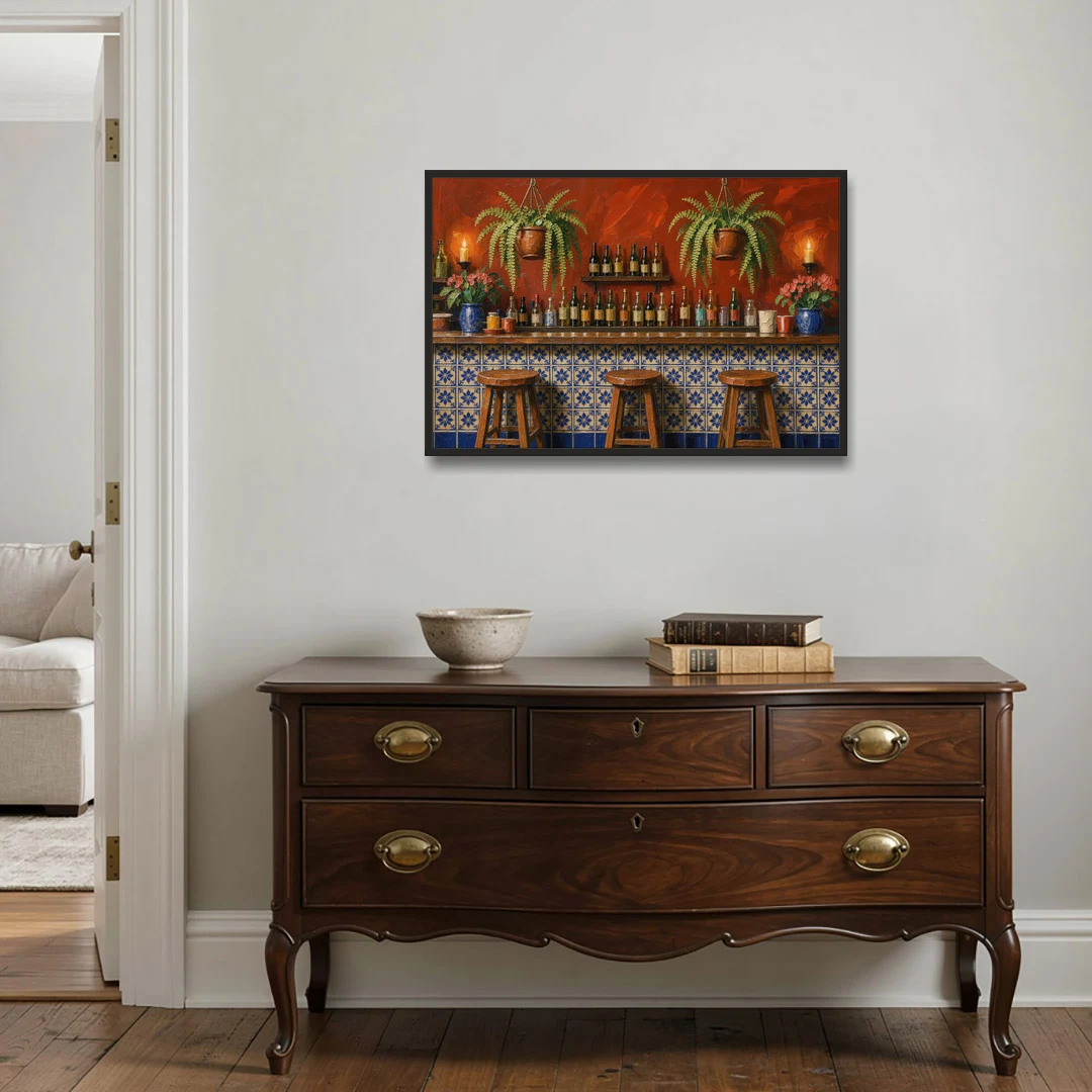 Large Mexican Wall Art Cantina Bar With Talavera Tiles - Black Framed Canvas Wall Art - Coffee Table - 36x24