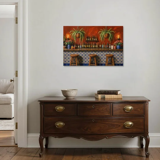 Large Mexican Wall Art Cantina Bar With Talavera Tiles - Canvas Wall Art - Coffee Table - 36x24