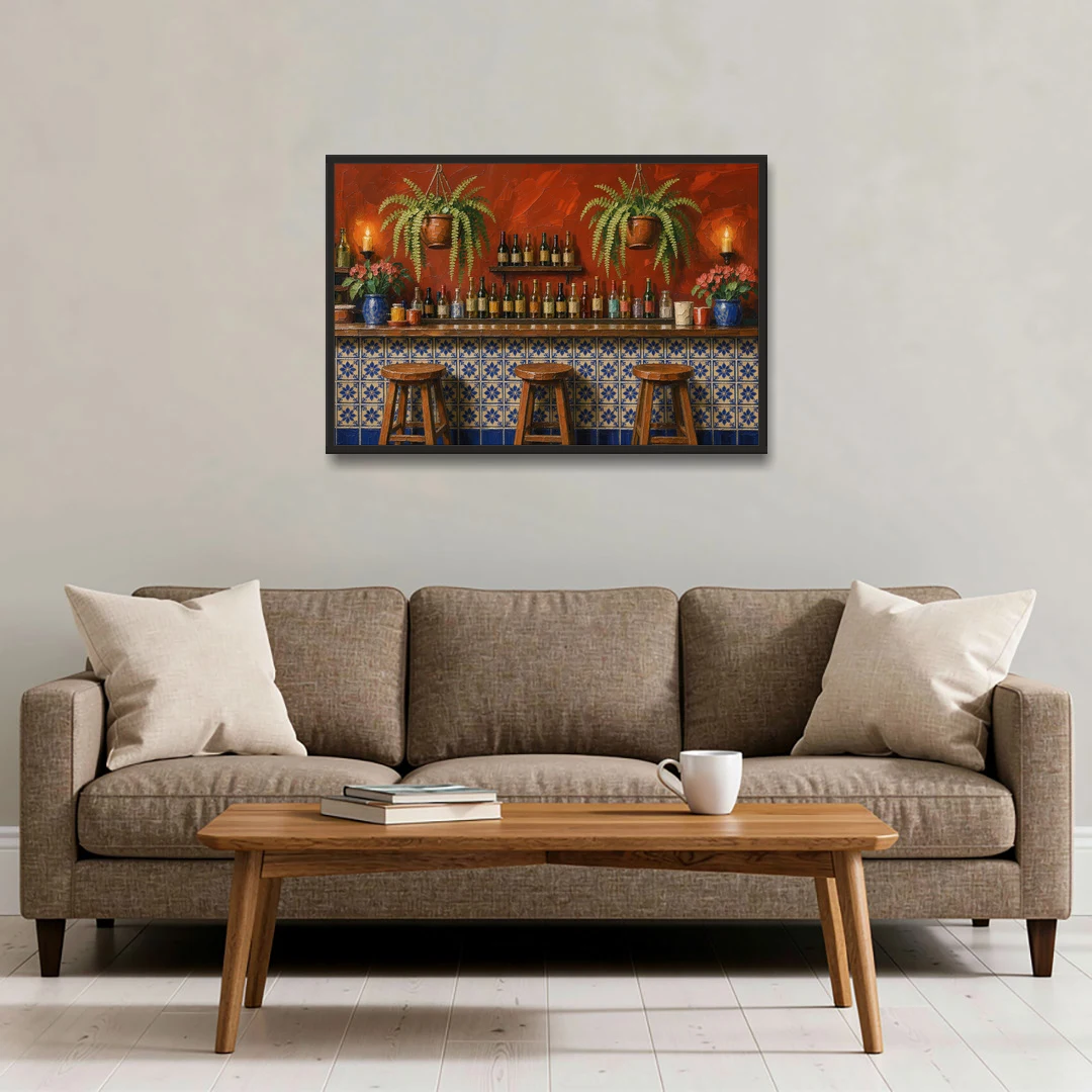 Large Mexican Wall Art Cantina Bar With Talavera Tiles - Black Framed Canvas Wall Art - Sofa - 36x24