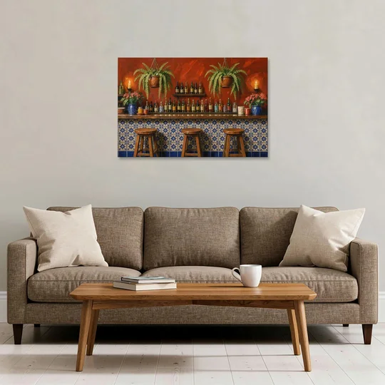 Large Mexican Wall Art Cantina Bar With Talavera Tiles - Canvas Wall Art - Sofa - 36x24