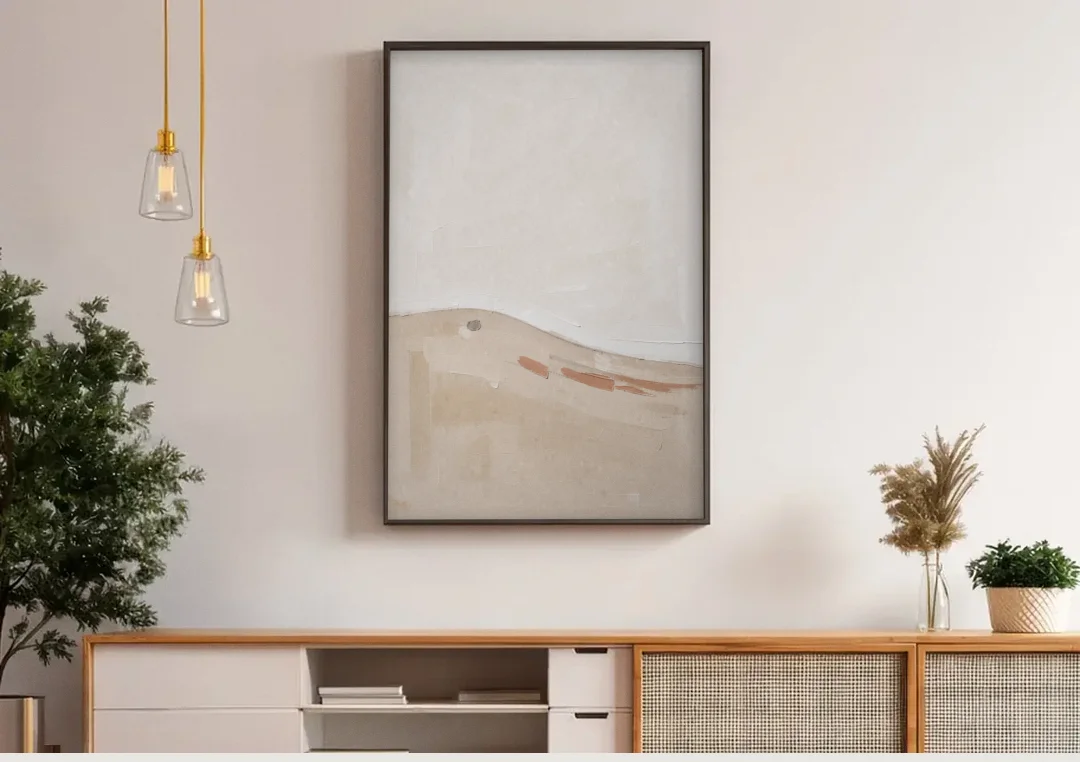 Large Minimalist Wall Art of a Clay Slope canvas wall art above a wooden sideboard under pendant lights