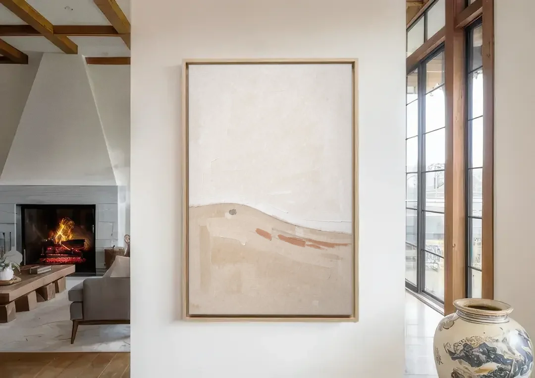 Large Minimalist Wall Art of a Clay Slope canvas wall art in a living room with a fireplace