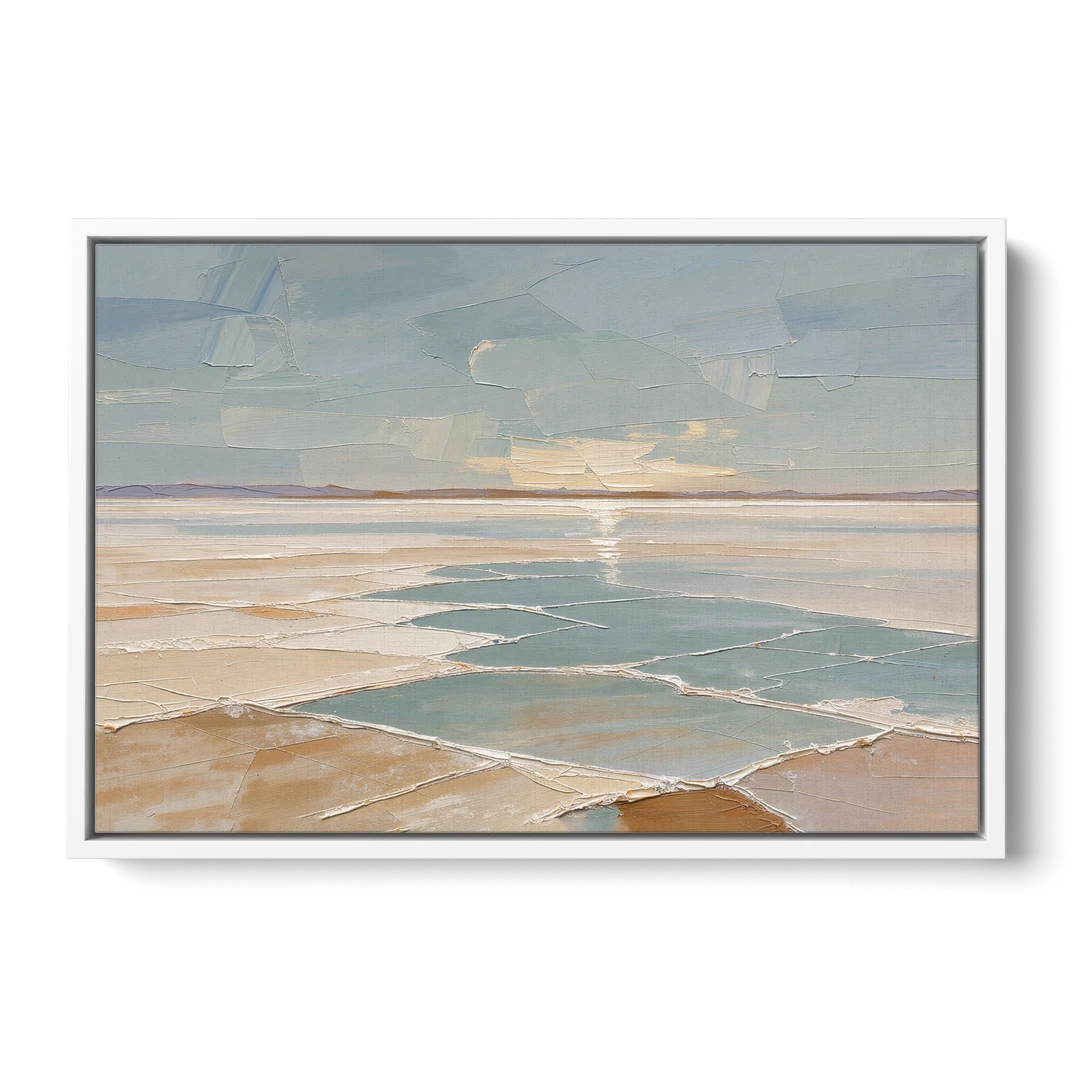 Large Neutral Salt Flat Mirror Under Misty Sky - White Framed Canvas Wall Art - Front