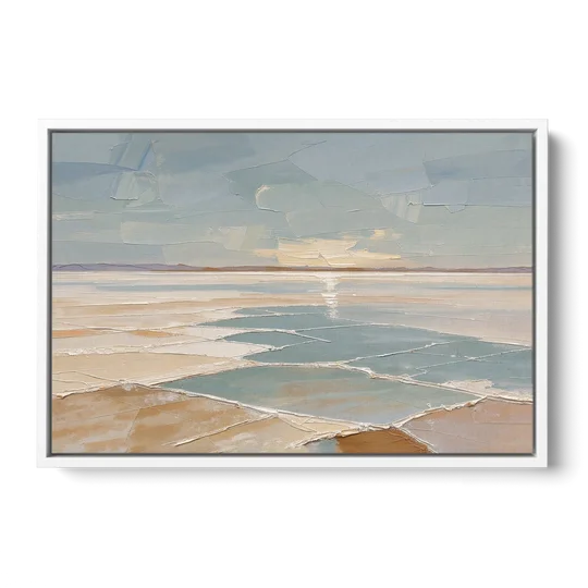 Large Neutral Salt Flat Mirror Under Misty Sky - White Framed Canvas Wall Art - Front