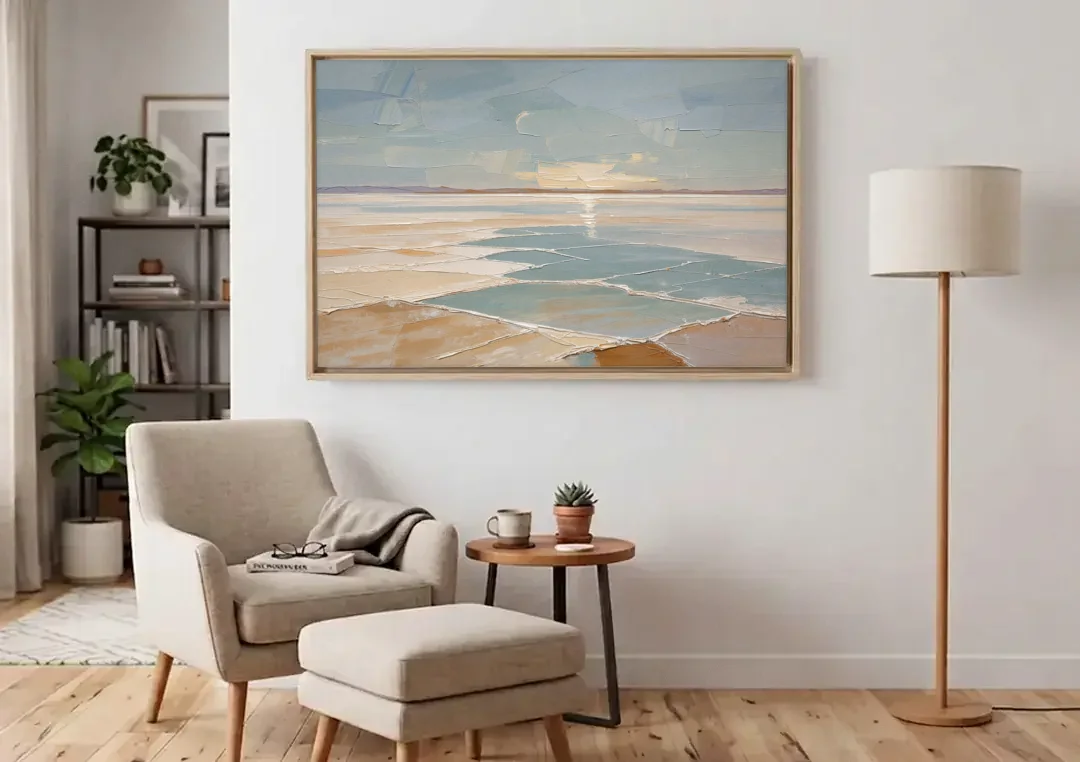 Large Neutral Salt Flat Mirror Under Misty Sky canvas wall art above an armchair in a bright living room