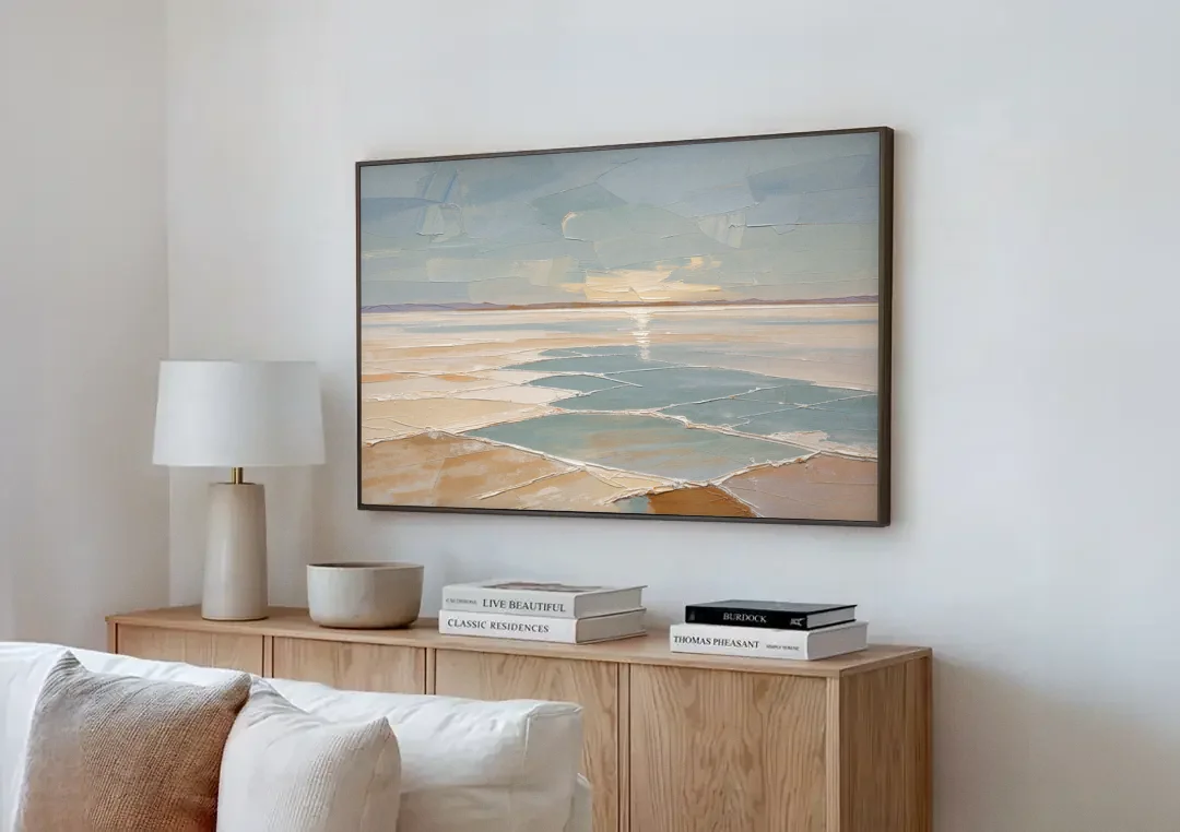 Large Neutral Salt Flat Mirror Under Misty Sky canvas wall art above a wooden sideboard next to a sofa