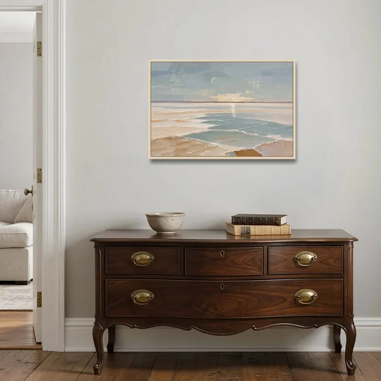 Large Neutral Salt Flat Mirror Under Misty Sky - Oak Framed Canvas Wall Art - Coffee Table - 36x24