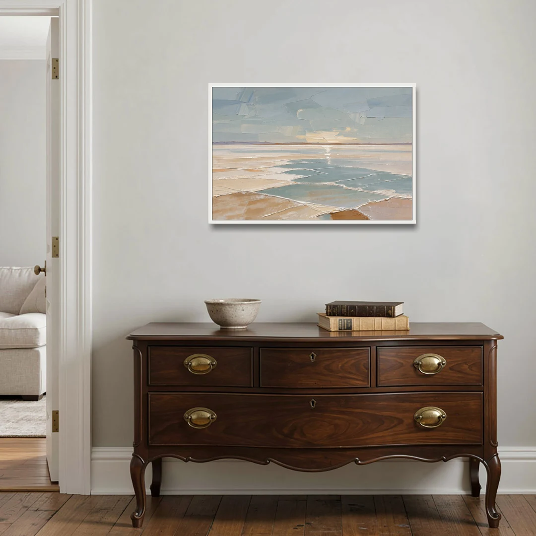 Large Neutral Salt Flat Mirror Under Misty Sky - White Framed Canvas Wall Art - Coffee Table - 36x24