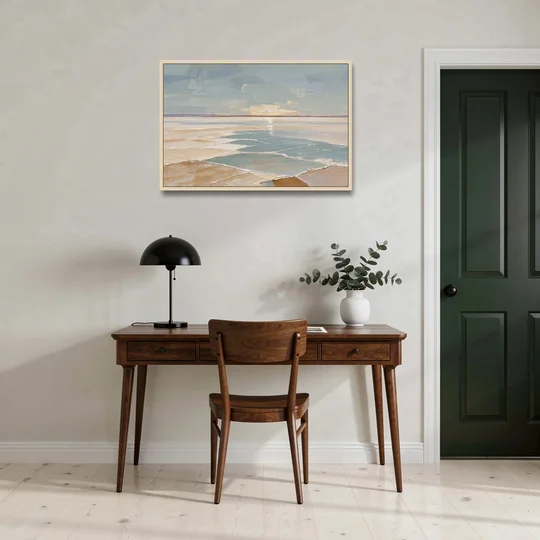 Large Neutral Salt Flat Mirror Under Misty Sky - Oak Framed Canvas Wall Art - Office - 36x24