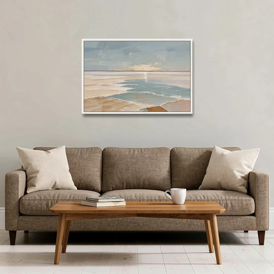 Large Neutral Salt Flat Mirror Under Misty Sky - White Framed Canvas Wall Art - Sofa - 36x24