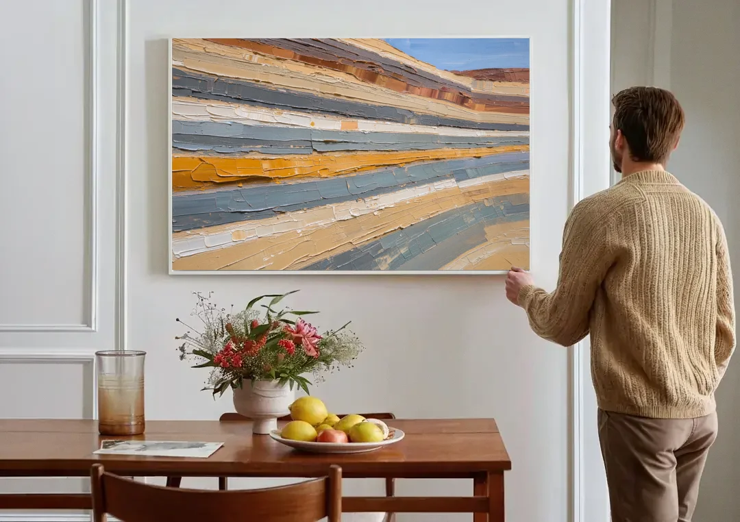 Large Office Wall Art of Layered Canyon Strata canvas wall art above a dining table