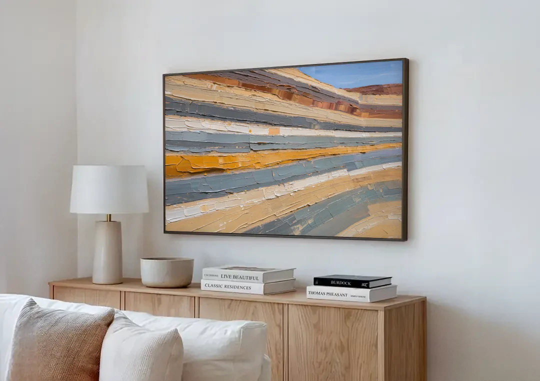 Large Office Wall Art of Layered Canyon Strata canvas wall art above a wooden sideboard next to a sofa