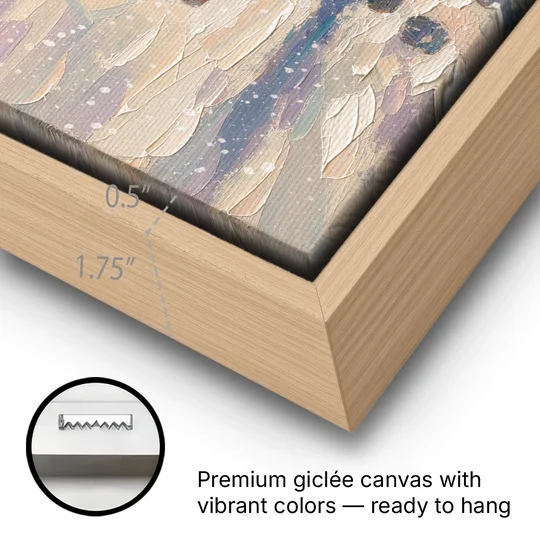 Large Santa Canvas Walking into the Snow - Oak Framed Canvas Wall Art - Gallery Wrap Corner