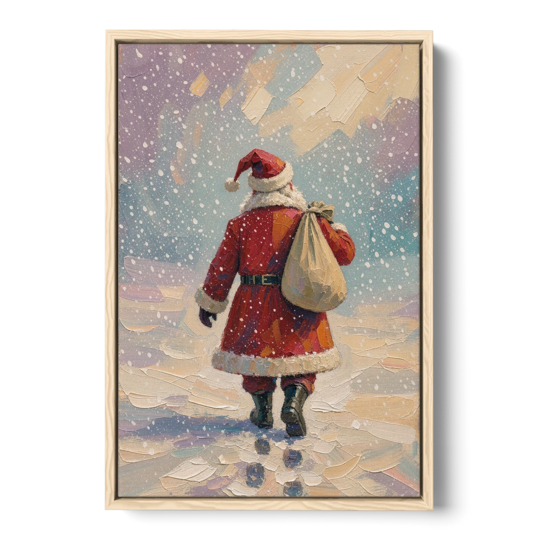Large Santa Canvas Walking into the Snow - Oak Framed Canvas Wall Art - Front