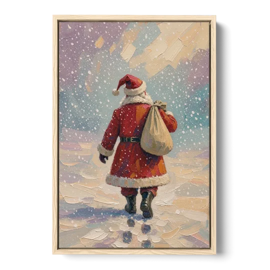 Large Santa Canvas Walking into the Snow - Oak Framed Canvas Wall Art - Front