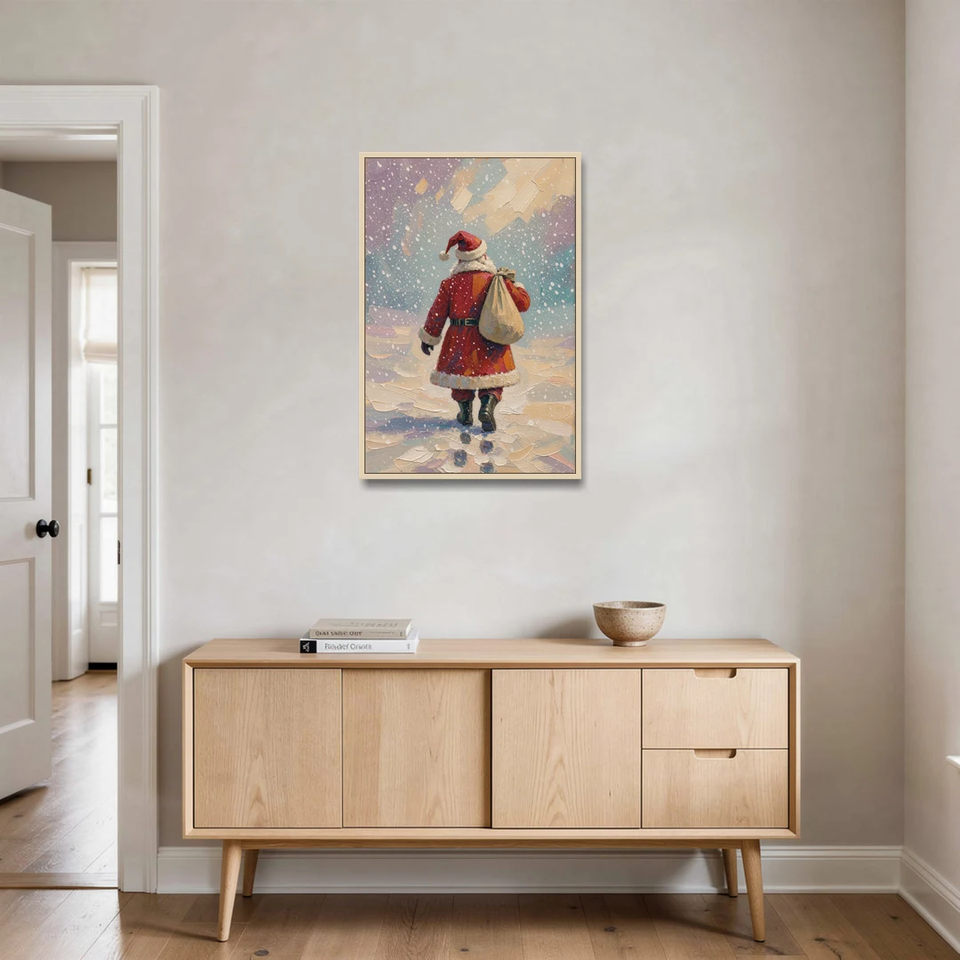 Large Santa Canvas Walking into the Snow - Oak Framed Canvas Wall Art - Coffee Table - 24x36