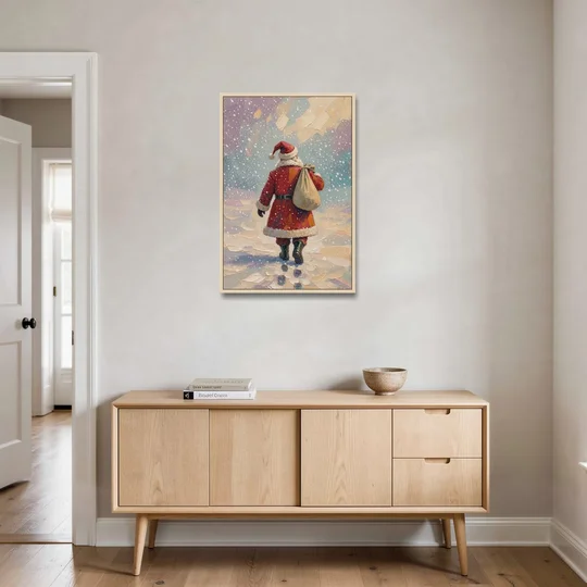Large Santa Canvas Walking into the Snow - Oak Framed Canvas Wall Art - Coffee Table - 24x36