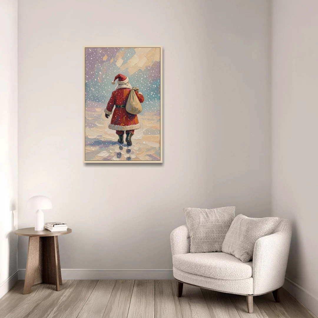 Large Santa Canvas Walking into the Snow - Oak Framed Canvas Wall Art - Sofa - 24x36