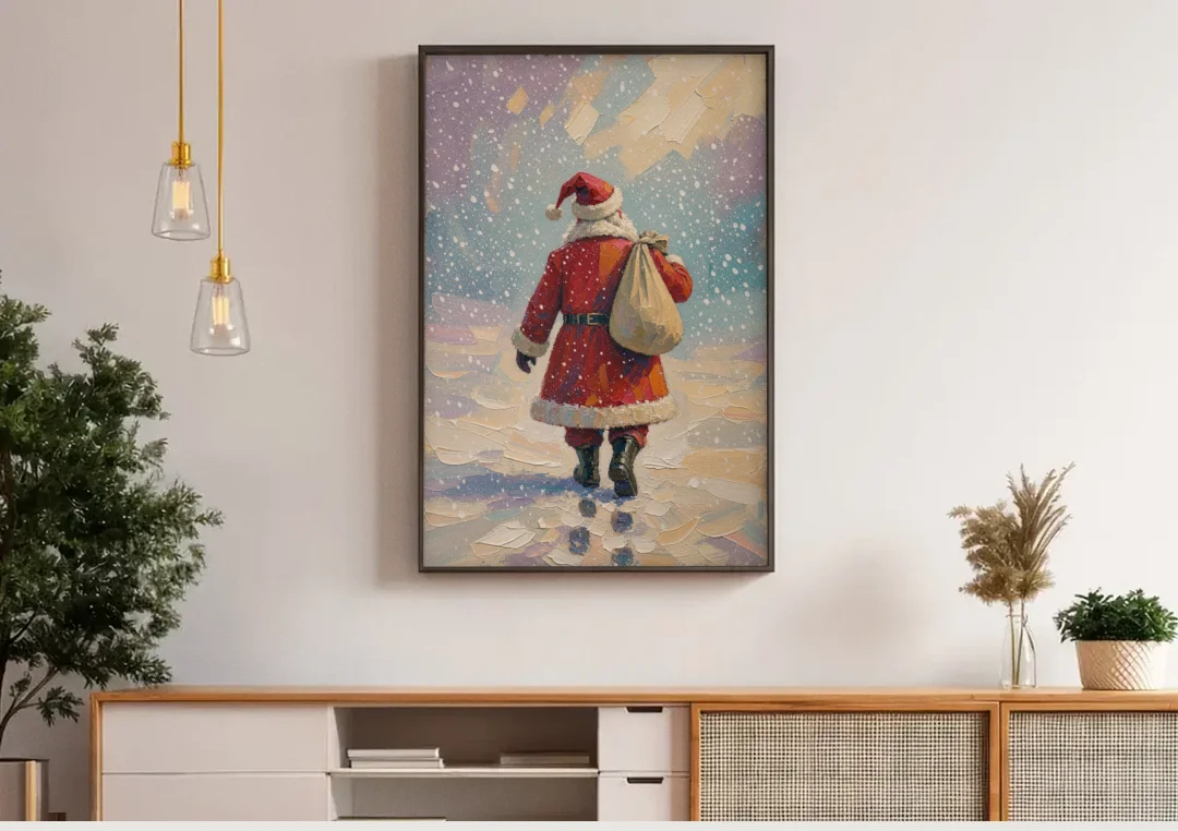 Large Santa Canvas Walking into the Snow canvas wall art above a wooden sideboard under pendant lights