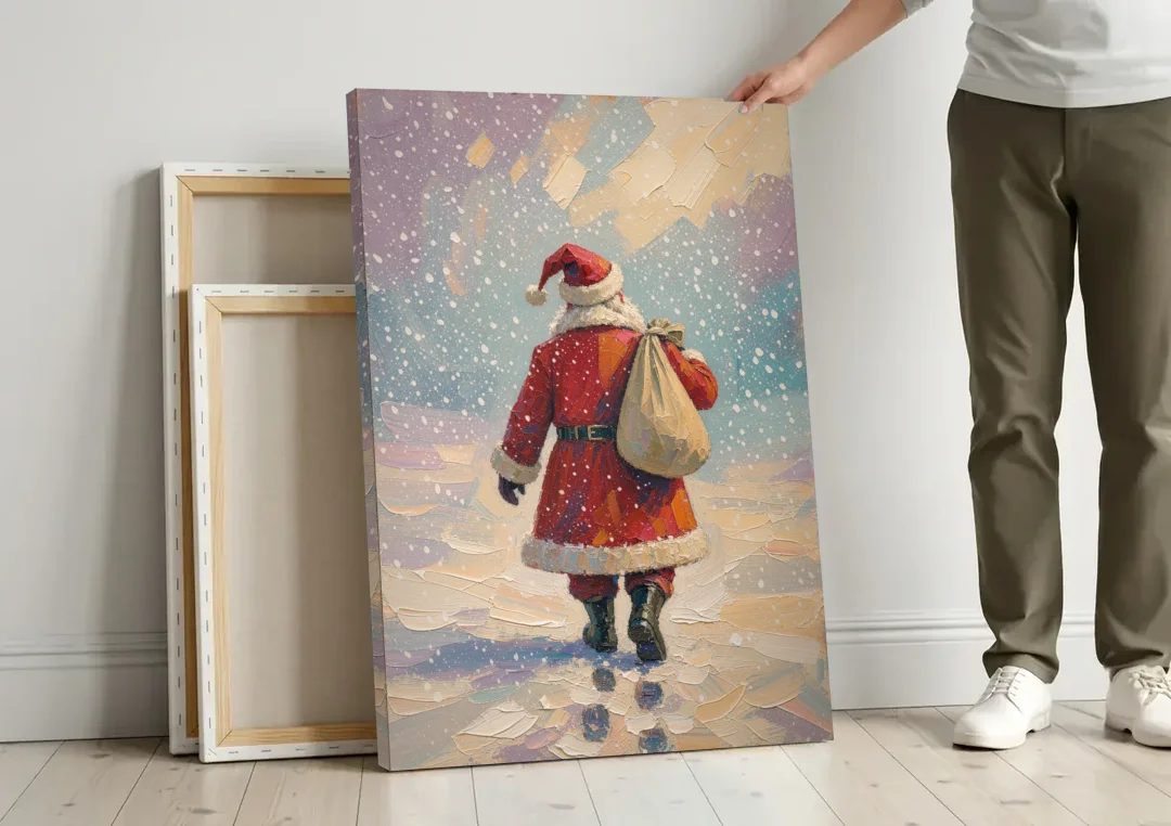 Large Santa Canvas Walking into the Snow canvas wall art leaning against a wall next to blank canvases