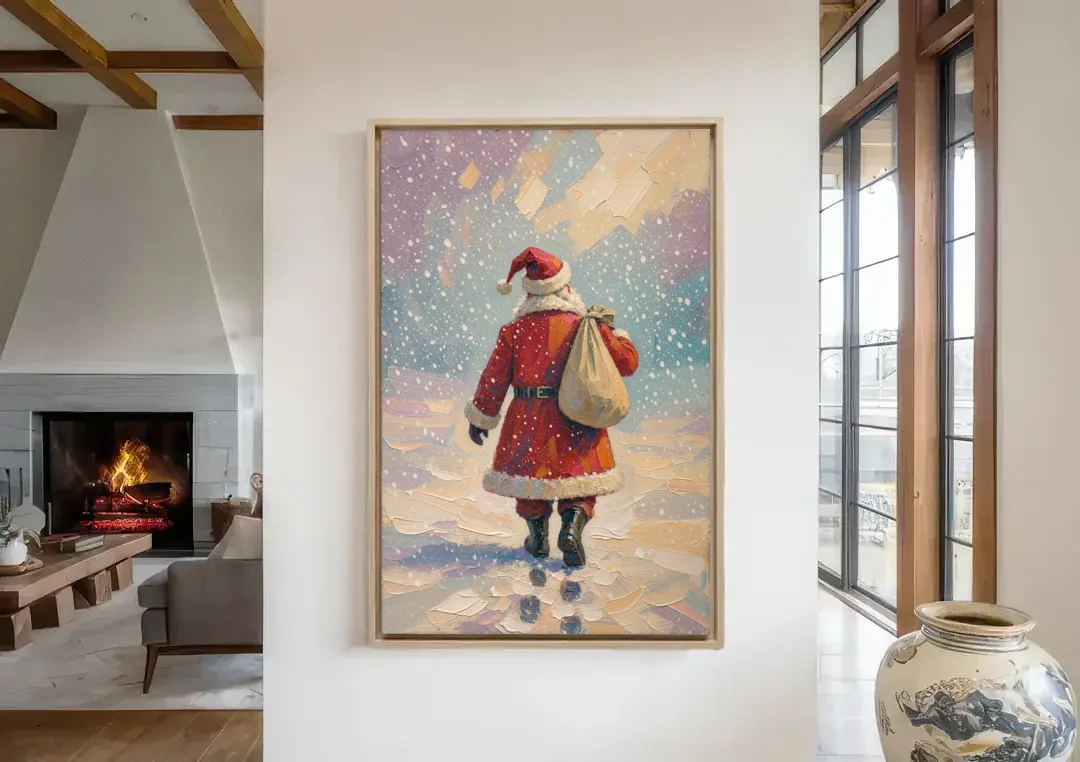 Large Santa Canvas Walking into the Snow canvas wall art in a living room with a fireplace