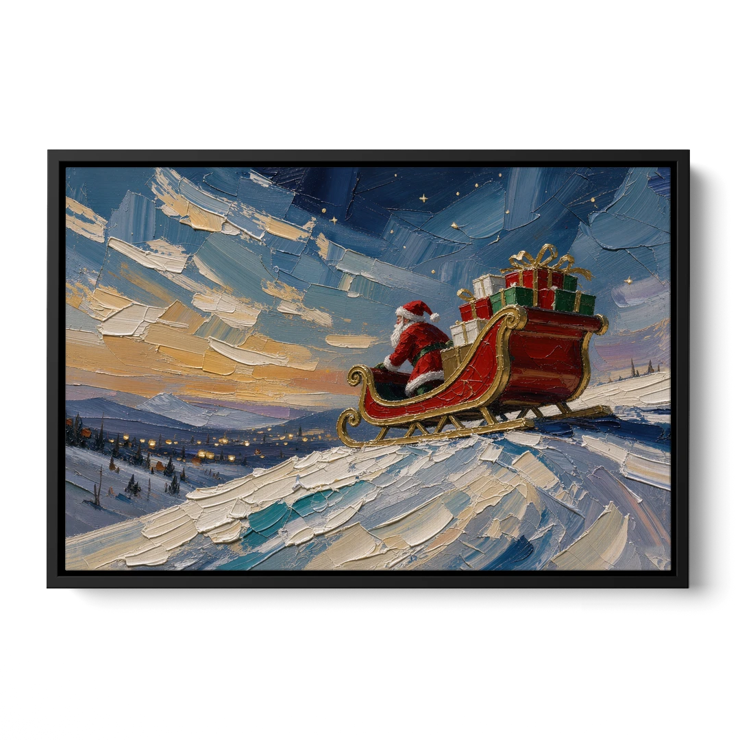 Large Santa Wall Art of the Hilltop Sleigh - Black Framed Canvas Wall Art - Front