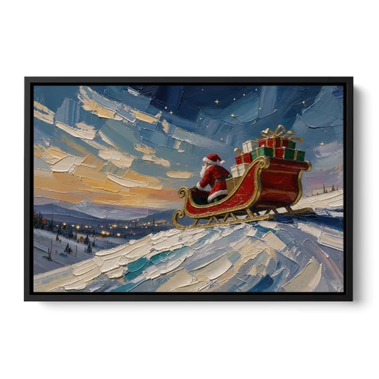 Large Santa Wall Art of the Hilltop Sleigh - Black Framed Canvas Wall Art - Front
