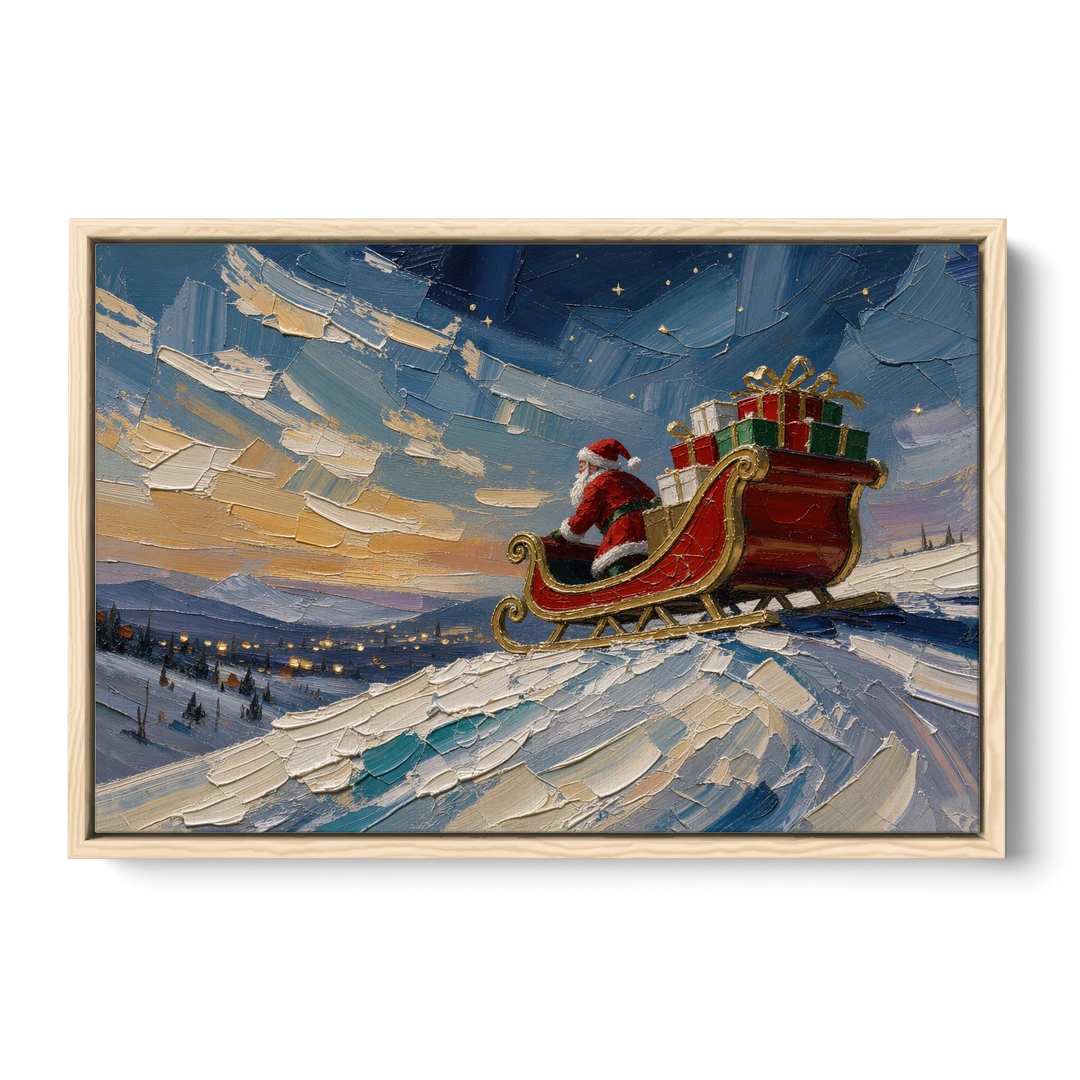 Large Santa Wall Art of the Hilltop Sleigh - Oak Framed Canvas Wall Art - Front