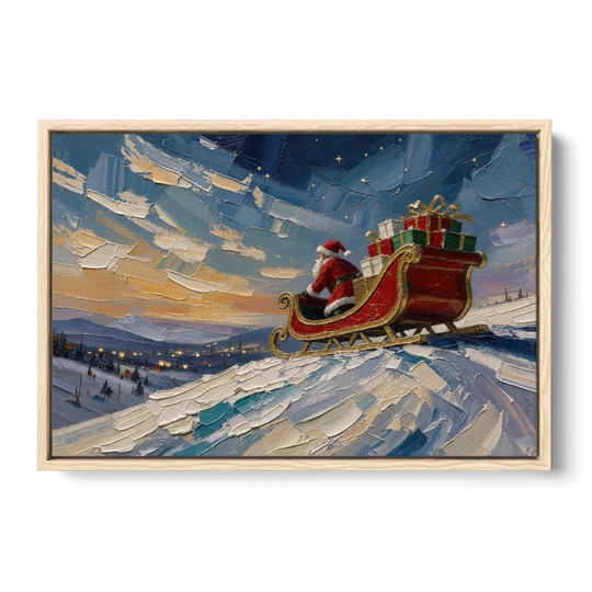 Large Santa Wall Art of the Hilltop Sleigh - Oak Framed Canvas Wall Art - Front