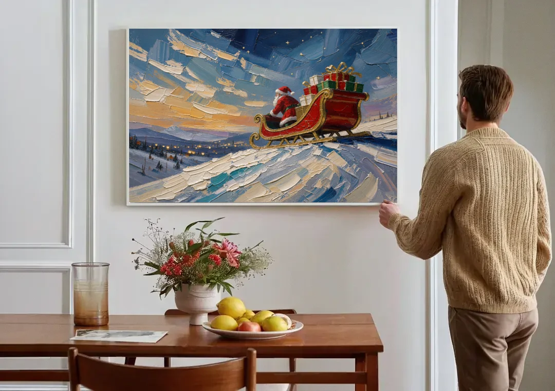 Large Santa Wall Art of the Hilltop Sleigh canvas wall art above a dining table