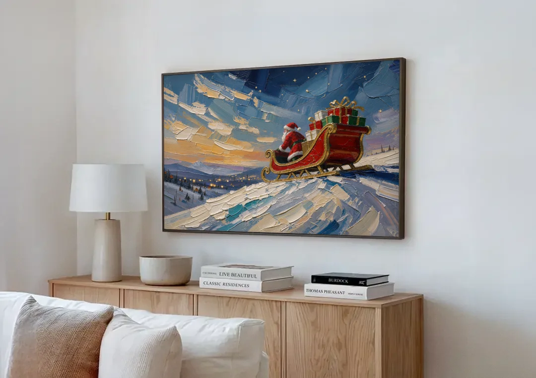 Large Santa Wall Art of the Hilltop Sleigh canvas wall art above a wooden sideboard next to a sofa