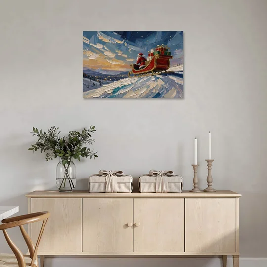 Large Santa Wall Art of the Hilltop Sleigh - Canvas Wall Art - Coffee Table - 36x24