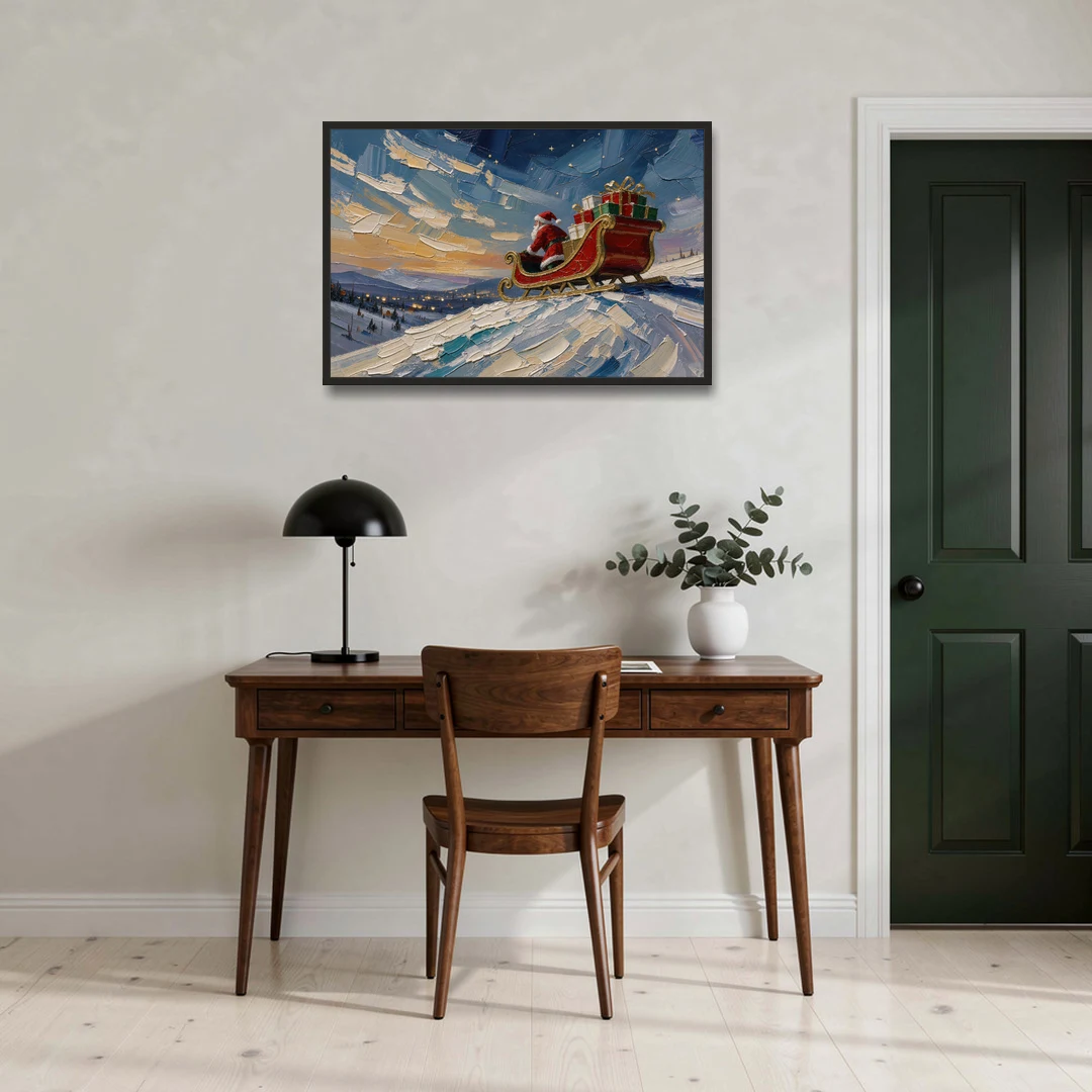 Large Santa Wall Art of the Hilltop Sleigh - Black Framed Canvas Wall Art - Office - 36x24