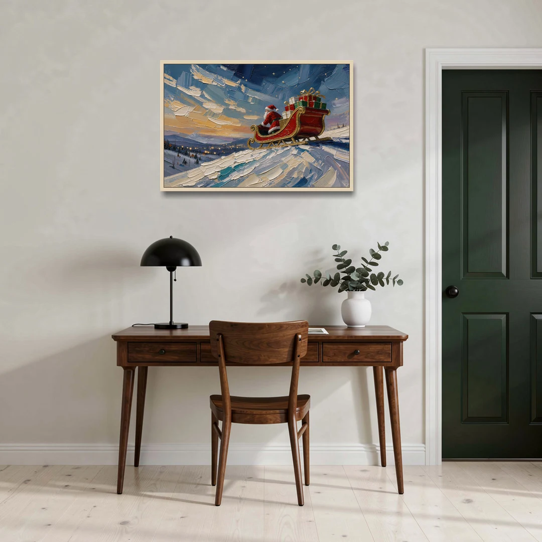 Large Santa Wall Art of the Hilltop Sleigh - Oak Framed Canvas Wall Art - Office - 36x24