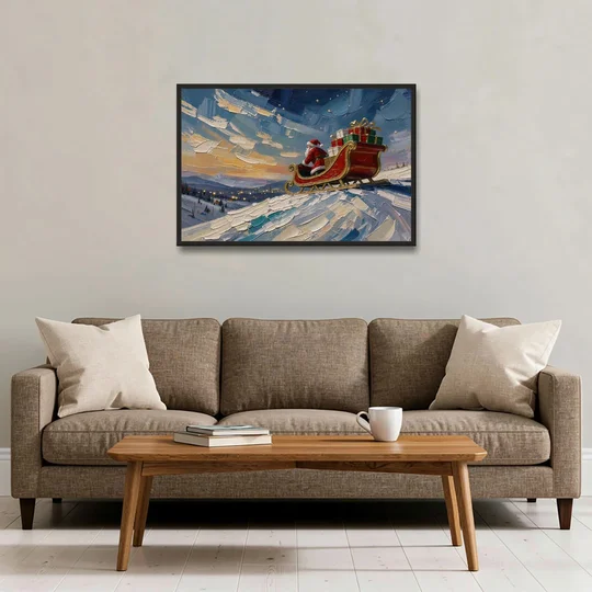 Large Santa Wall Art of the Hilltop Sleigh - Black Framed Canvas Wall Art - Sofa - 36x24