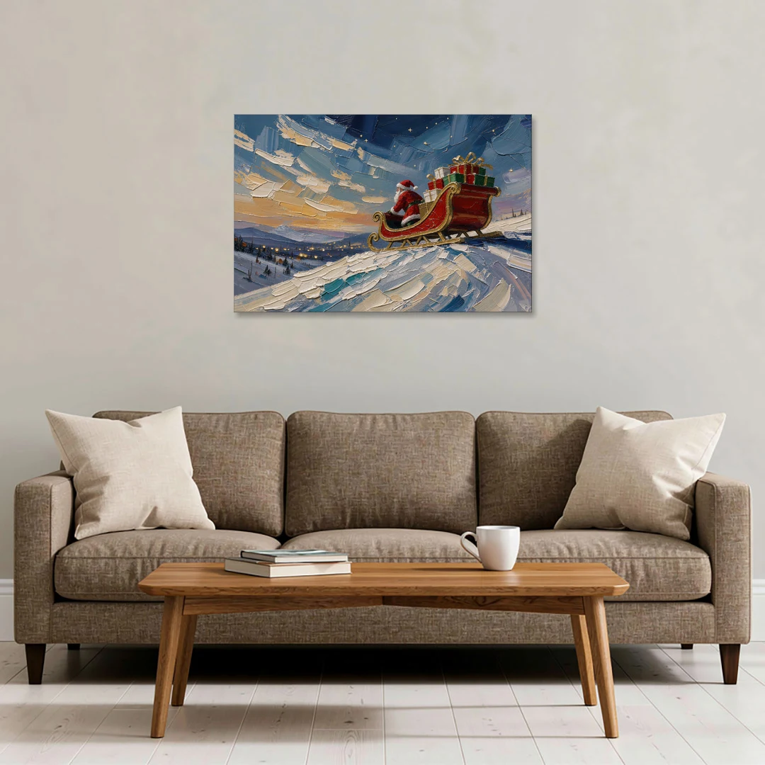 Large Santa Wall Art of the Hilltop Sleigh - Canvas Wall Art - Sofa - 36x24