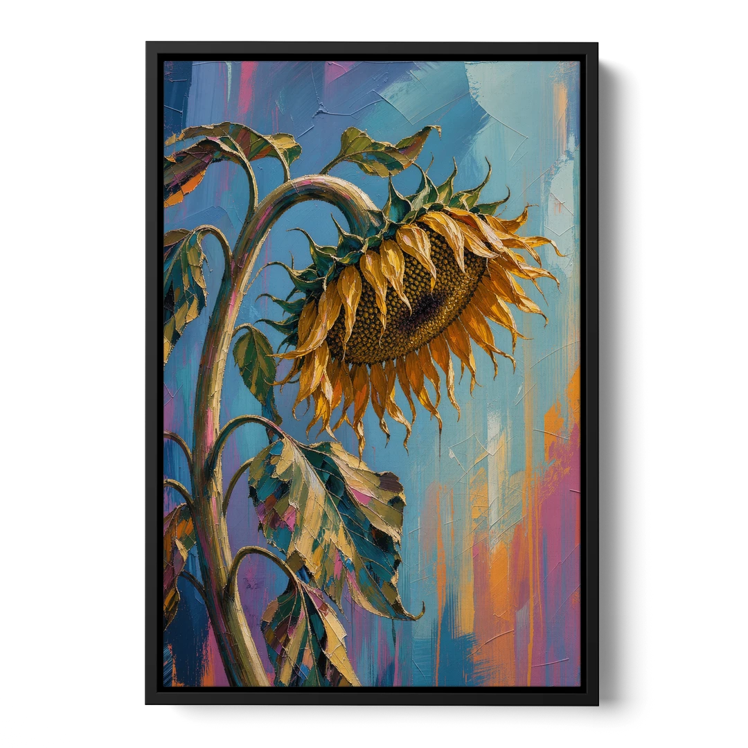 Large Sunflower Canvas Bowing in Late Summer - Black Framed Canvas Wall Art - Front