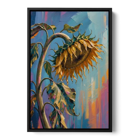 Large Sunflower Canvas Bowing in Late Summer - Black Framed Canvas Wall Art - Front