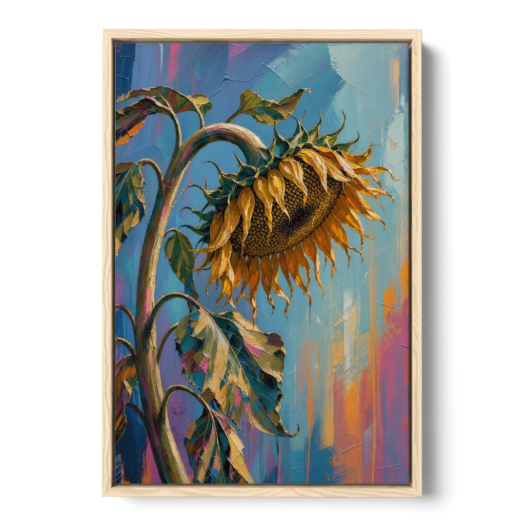 Large Sunflower Canvas Bowing in Late Summer - Oak Framed Canvas Wall Art - Front