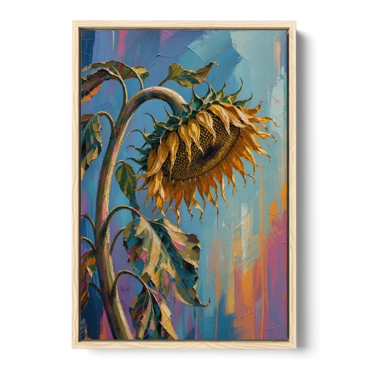 Large Sunflower Canvas Bowing in Late Summer - Oak Framed Canvas Wall Art - Front