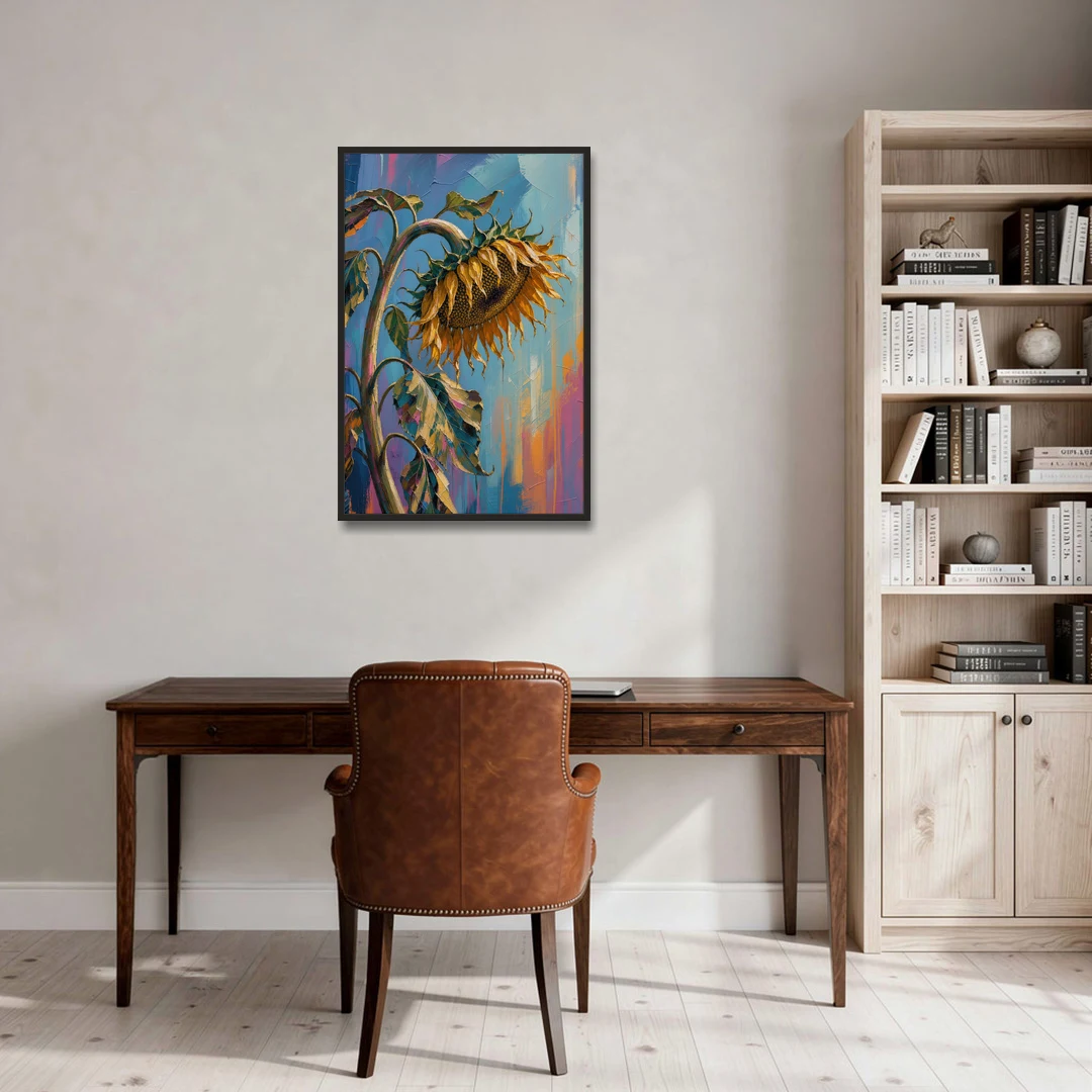 Large Sunflower Canvas Bowing in Late Summer - Black Framed Canvas Wall Art - Office - 24x36